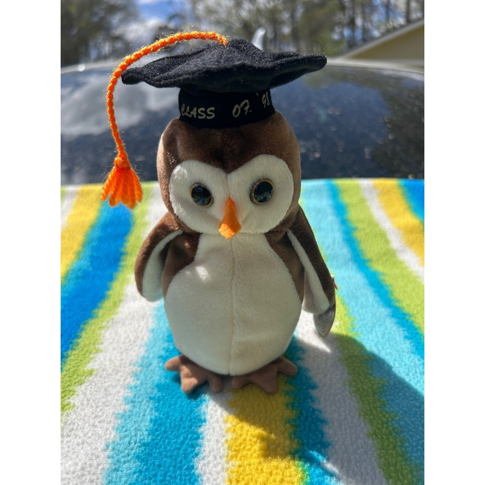 Ty Wise the Owl Beanie‎ Baby Plush 1998 Brown Graduation Cap Excellent Retired